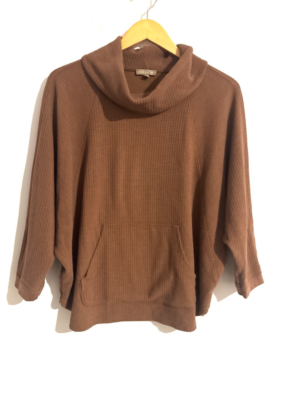 Lilla P Size L Waffle Knit Cowl Neck Pullover Sweater w/ front kangaroo pouch